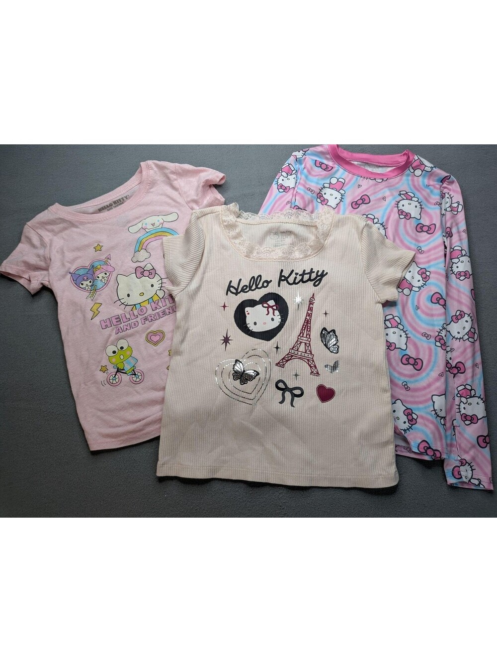 Hello Kitty T-Shirt Lot 3 Girls S/M Multicolor Graphic Short Long Sleeve Tops